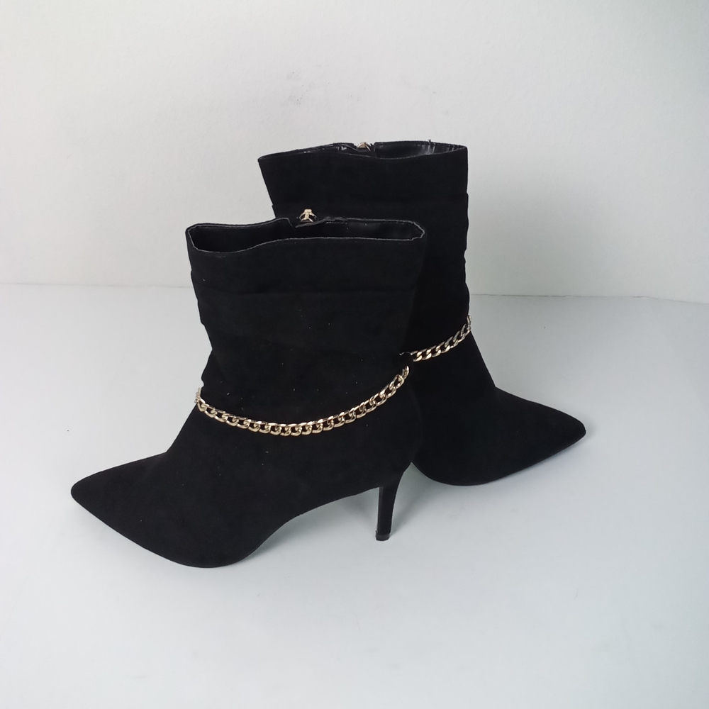 Marc Fisher Danisa Black Suede Gold Chain Boots Stiletto Heel Sexy Classy NWT